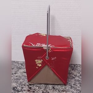 Red Satin Chinese Takeout Jewelry Box Purse with Gold Interior, Mirror
